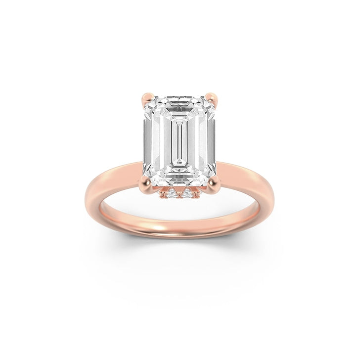2Cttw Emerald Shaped Lab Grown Diamond (F/VS) Hidden Halo Plain Shank Engagement Ring in 14K Gold