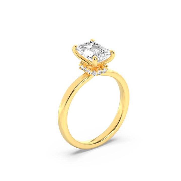 3Cttw Emerald Shaped Lab Grown Diamond (F/VS) Hidden Halo Plain Shank Engagement Ring in 14K Gold