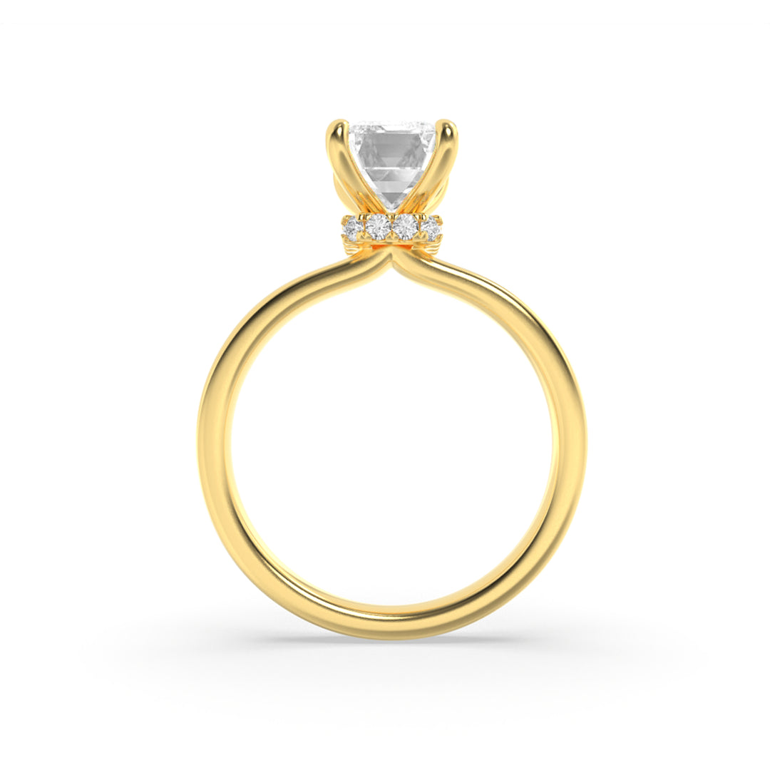 3Cttw Emerald Shaped Lab Grown Diamond (F/VS) Hidden Halo Plain Shank Engagement Ring in 14K Gold