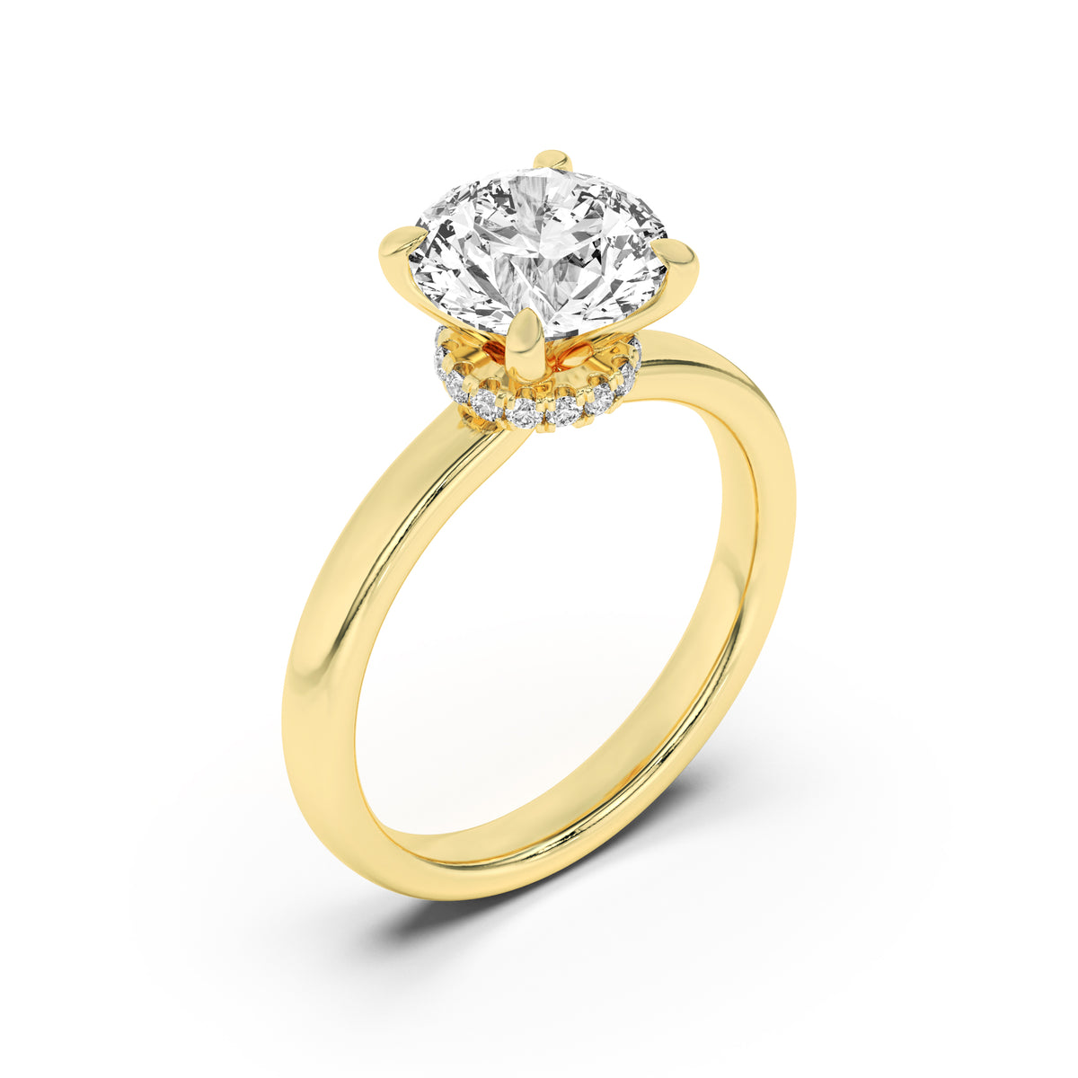 1Cttw Round Shaped Lab Grown Diamond (F/VS) Hidden Halo Plain Shank Engagement Ring in 14K Gold