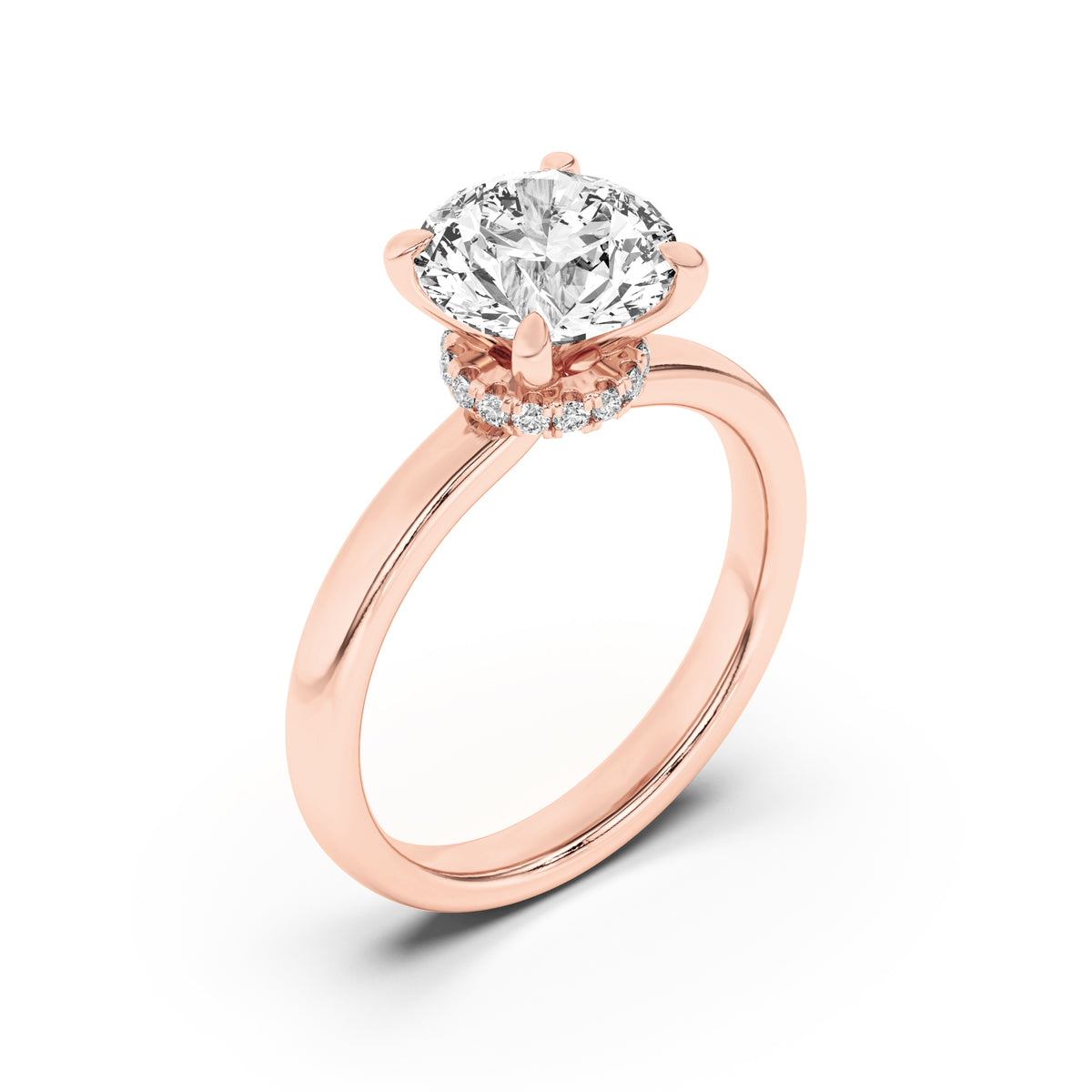 2Cttw Round Shaped Lab Grown Diamond (F/VS) Hidden Halo Plain Shank Engagement Ring in 14K Gold