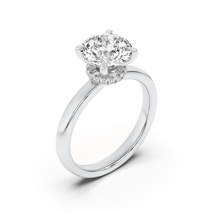 3CTW Round Shaped Lab Grown Diamond (F/VVS) Hidden Halo Plain Shank Engagement Ring in 14K Gold