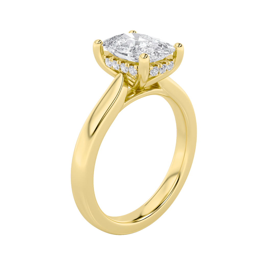 1Cttw Elongated Cushion Shaped Lab Grown Diamond (F/VS) Hidden Halo Cathedral Shank Engagement Ringin 14K Gold