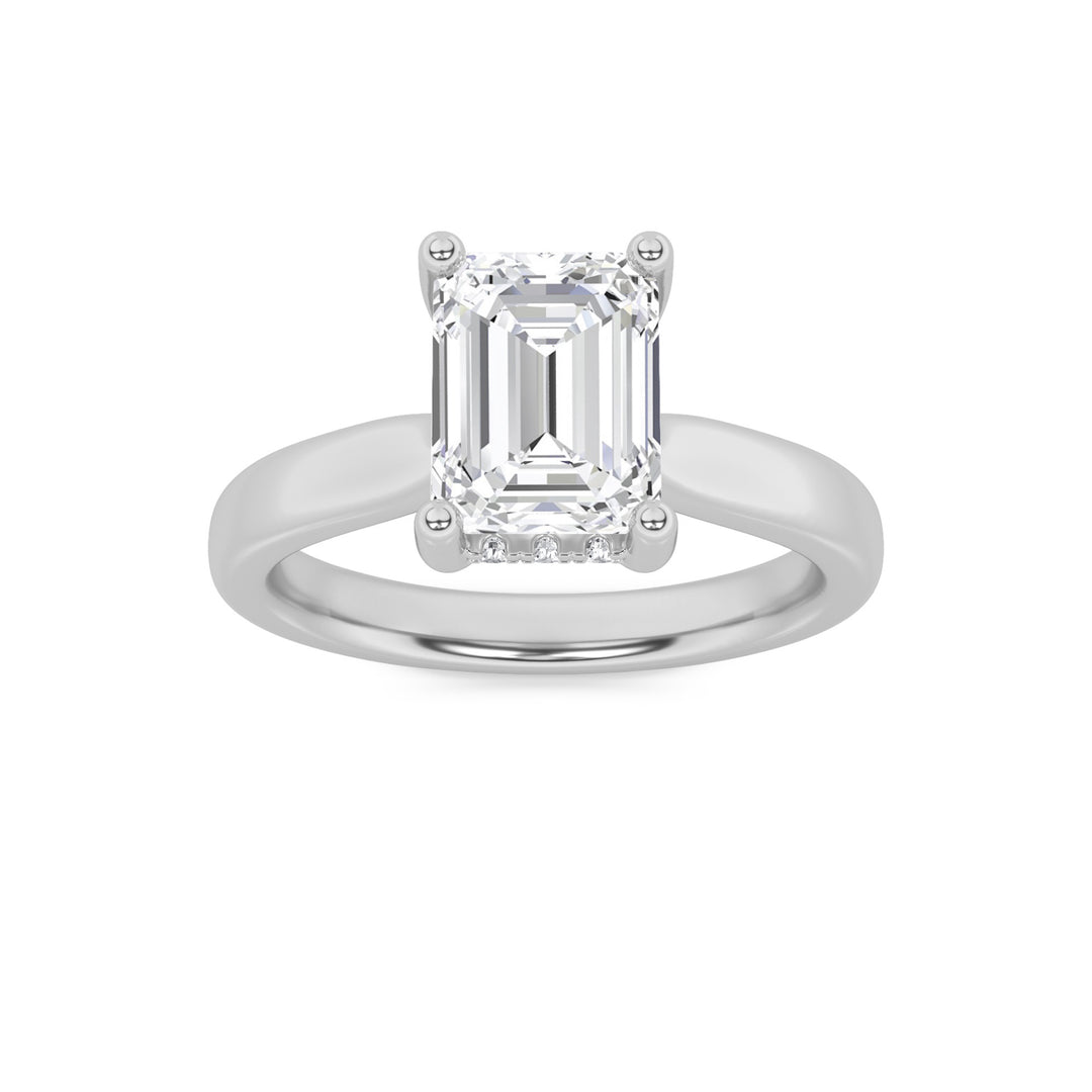 1Cttw Emerald Shaped Lab Grown Diamond (F/VS) Hidden Halo Cathedral Shank Engagement Ring in 14K Gold