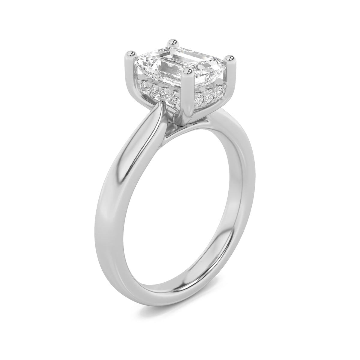 1Cttw Emerald Shaped Lab Grown Diamond (F/VS) Hidden Halo Cathedral Shank Engagement Ring in 14K Gold