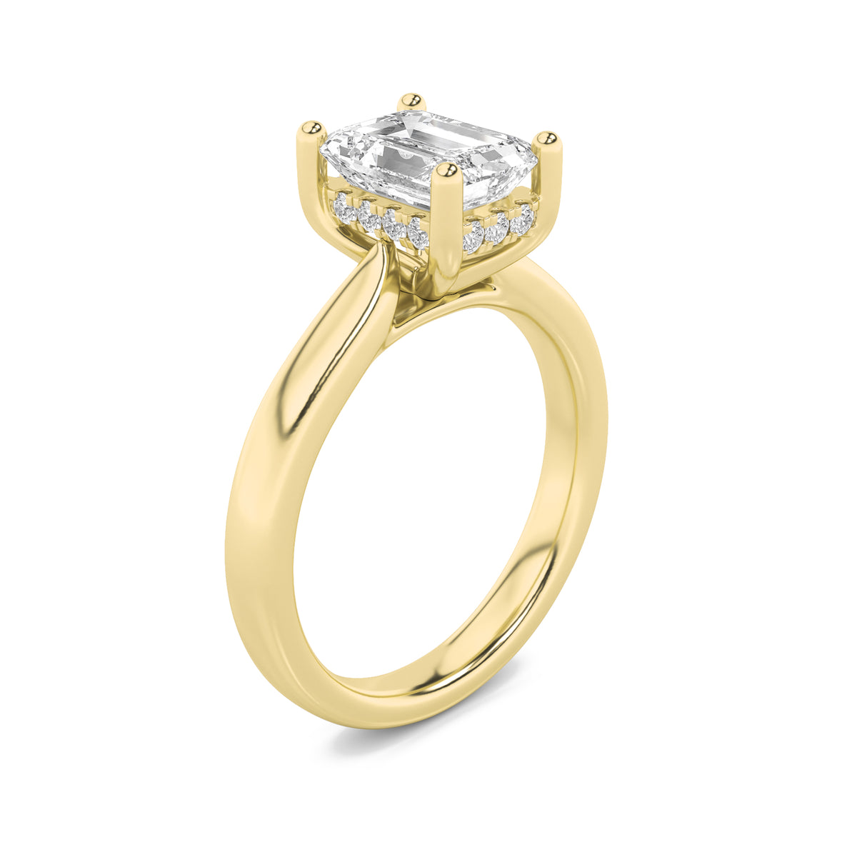 1Cttw Emerald Shaped Lab Grown Diamond (F/VS) Hidden Halo Cathedral Shank Engagement Ring in 14K Gold