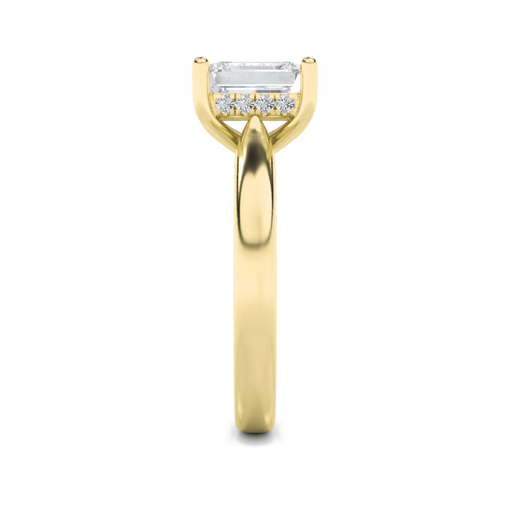 1Cttw Emerald Shaped Lab Grown Diamond (F/VS) Hidden Halo Cathedral Shank Engagement Ring in 14K Gold