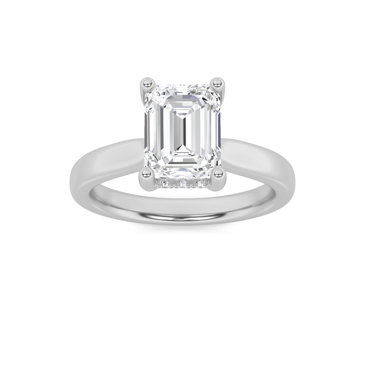 2Cttw Emerald Shaped Lab Grown Diamond (F/VS) Hidden Halo Cathedral Shank Engagement Ring in 14K Gold