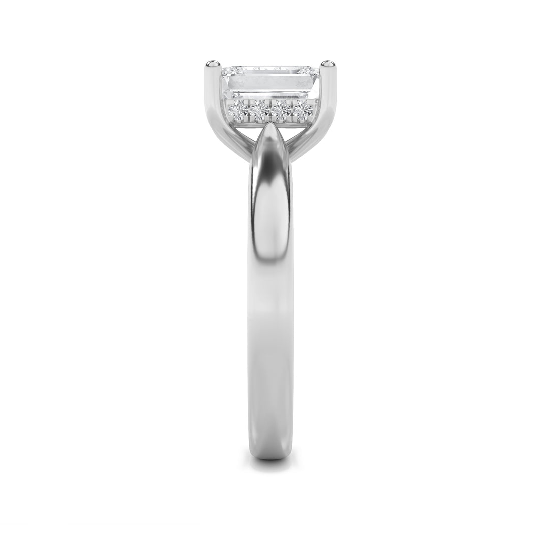 2Cttw Emerald Shaped Lab Grown Diamond (F/VVS) Hidden Halo Cathedral Shank Engagement Ring in 14K Gold