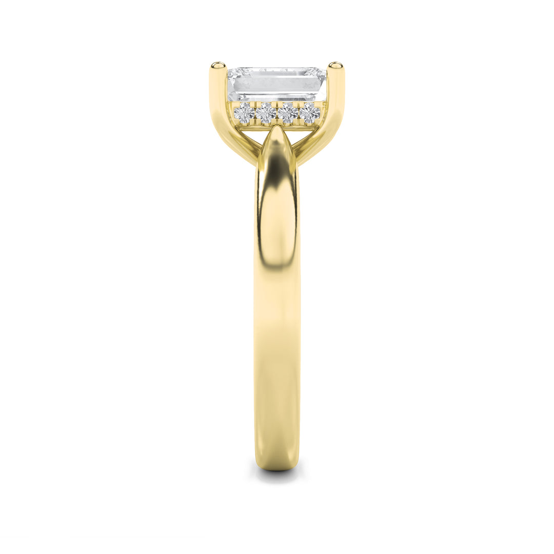 2Cttw Emerald Shaped Lab Grown Diamond (F/VVS) Hidden Halo Cathedral Shank Engagement Ring in 14K Gold