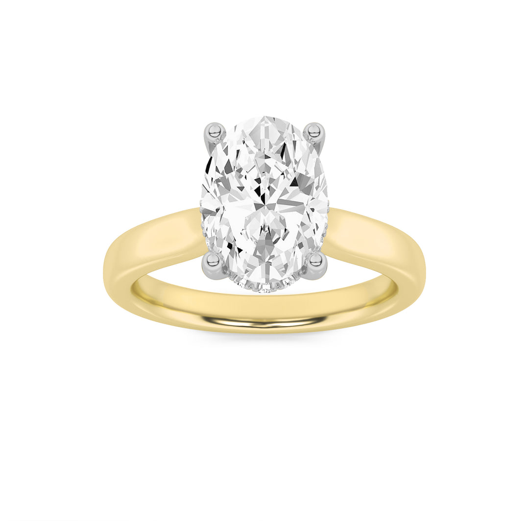 1Cttw Oval Shaped Lab Grown Diamond (F/VS) HiddenHalo Cathedral Shank Engagement Ring in 14K Gold