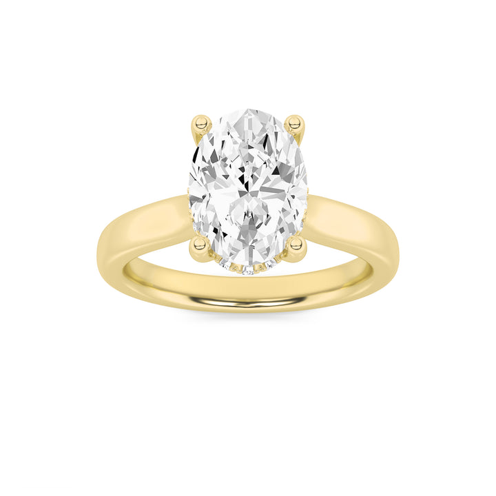 3Cttw Oval Shaped Lab Grown Diamond (F/VS) HiddenHalo Cathedral Shank Engagement Ring in 14K Gold