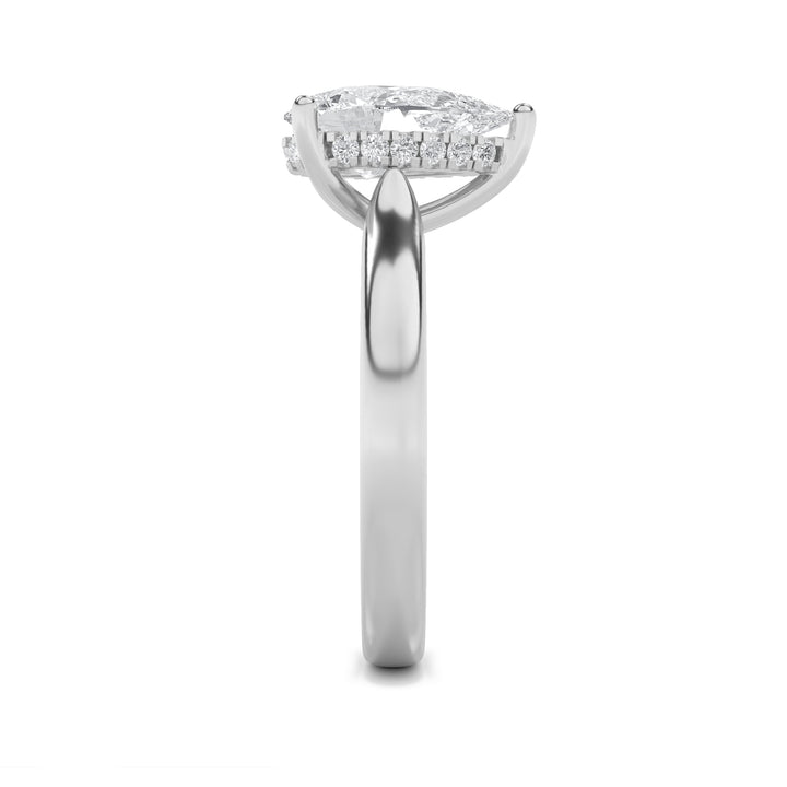1Cttw Pear Shaped Lab Grown Diamond (F/VS) HiddenHalo Cathedral Shank Engagement Ring in 14K Gold