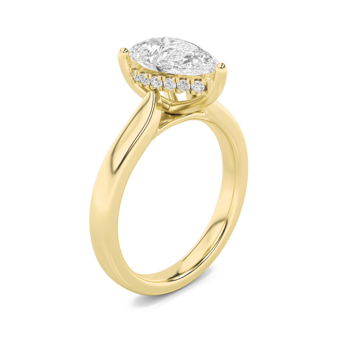 1Cttw Pear Shaped Lab Grown Diamond (F/VS) HiddenHalo Cathedral Shank Engagement Ring in 14K Gold