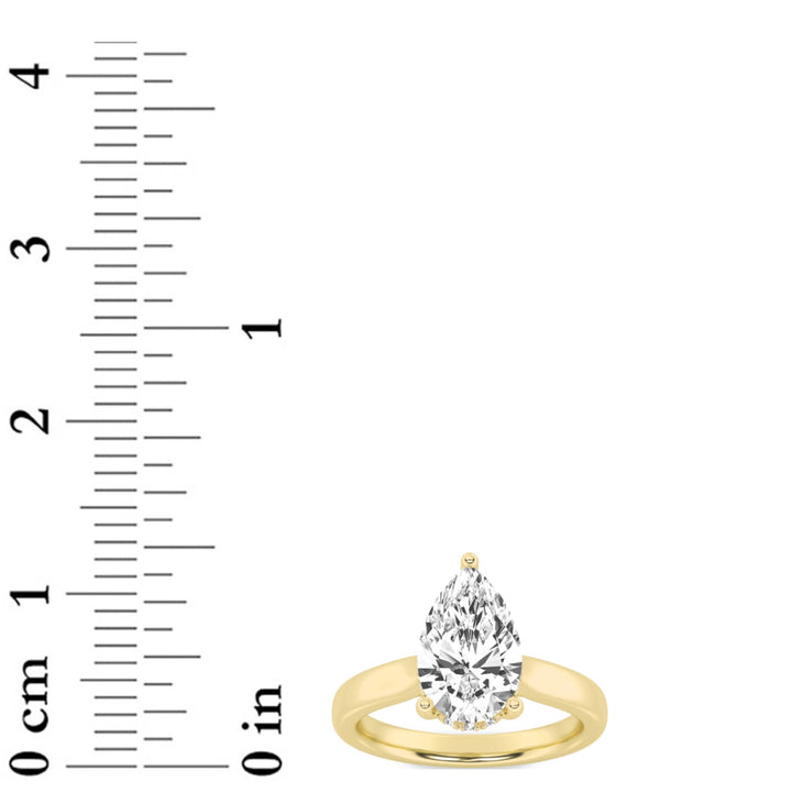 3Cttw Pear Shaped Lab Grown Diamond (F/VS) HiddenHalo Cathedral Shank Engagement Ring in 14K Gold