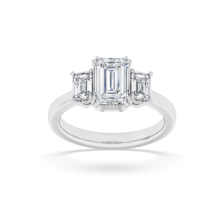 3Cttw Emerald Shaped Lab Grown Diamond (F/VS) Three Stone Accented Ring in 14K Gold