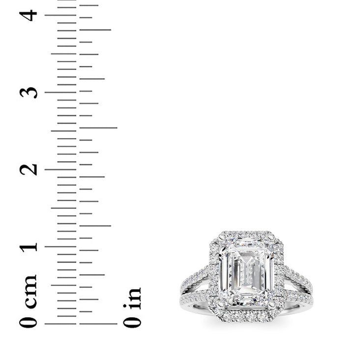 3Cttw Emerald Shaped Lab Grown Diamond (F/VS) Split shank Accented Ring in 14K Gold
