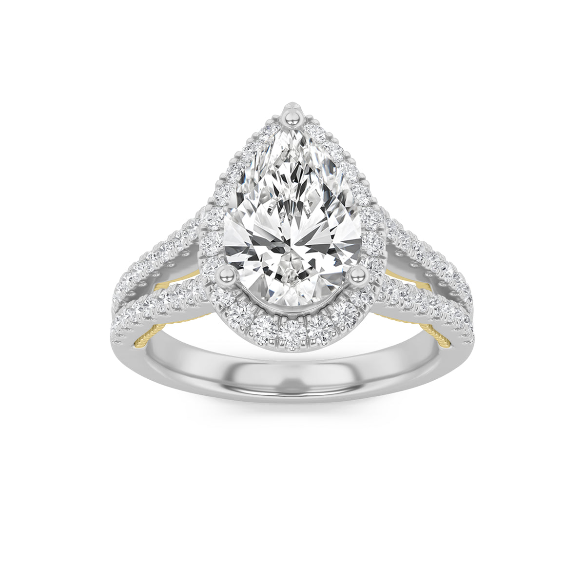 2Cttw Pear Shaped Lab Grown Diamond (F/VS) Split Shank Accented Ring in 14K Gold