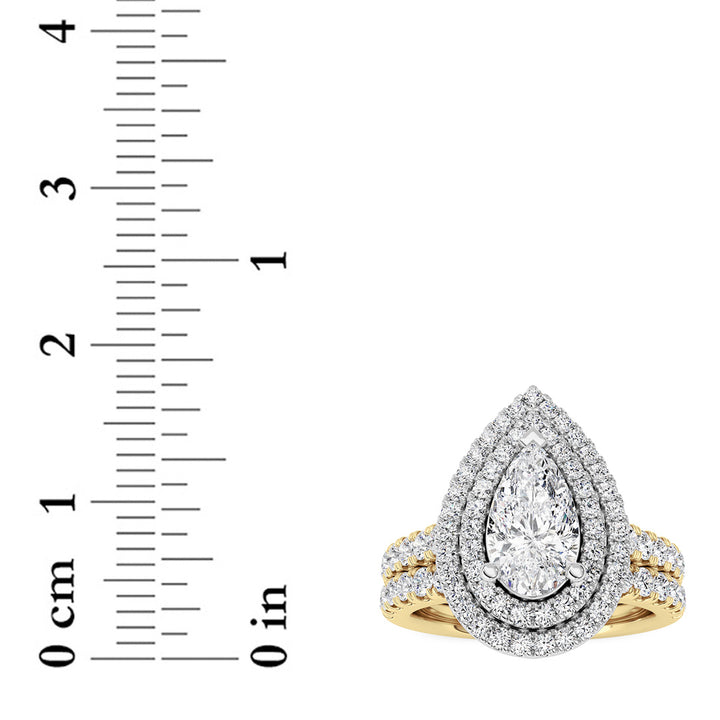 2Cttw Pear Shaped Lab Grown Diamond (F/VS) DoubleHalo Bridal Set Engagement Ring Set in 14K Gold