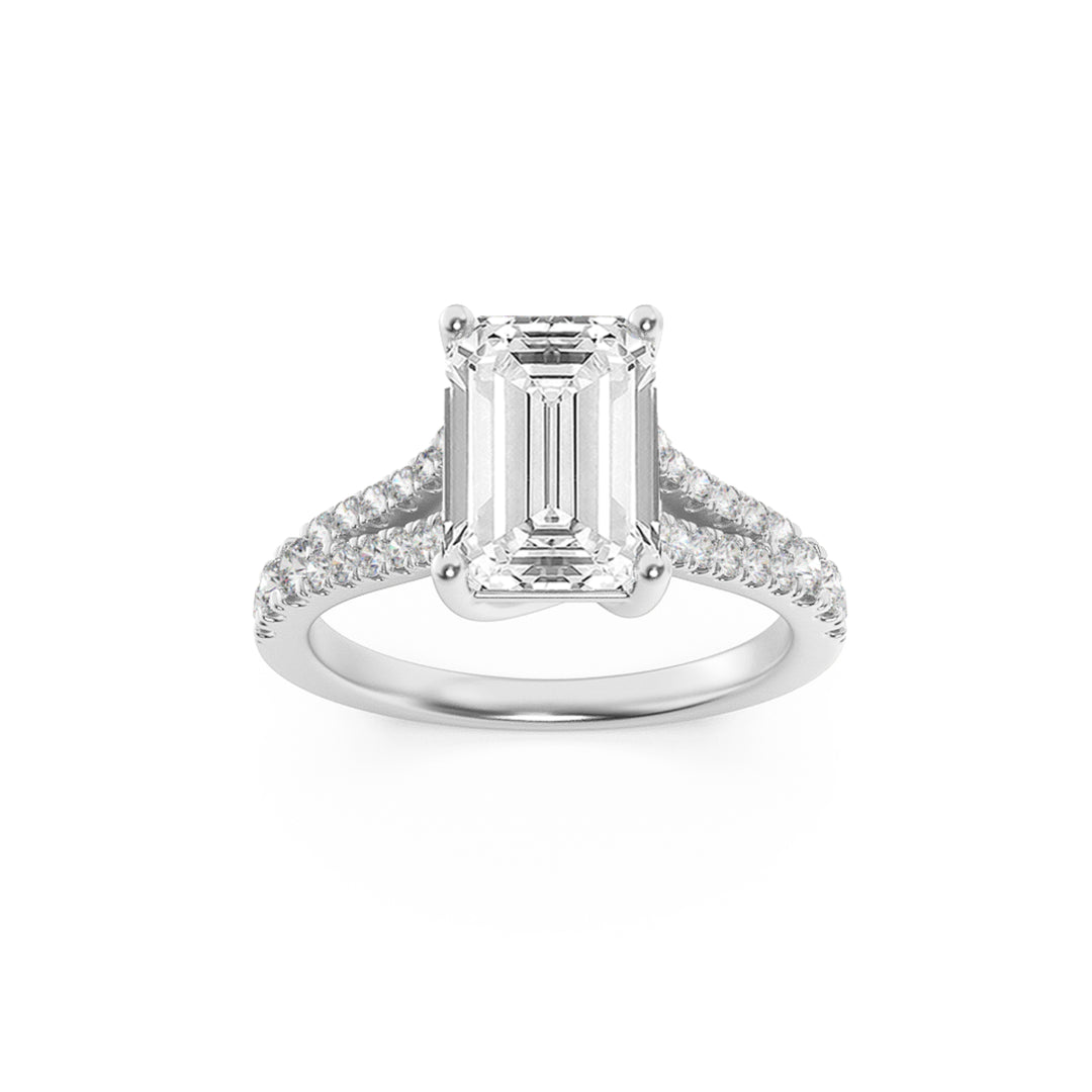 2CTW Emerald Shaped Lab Grown Diamond (F/VS) Split Shank Trellis Engagement Ring in 14K Gold