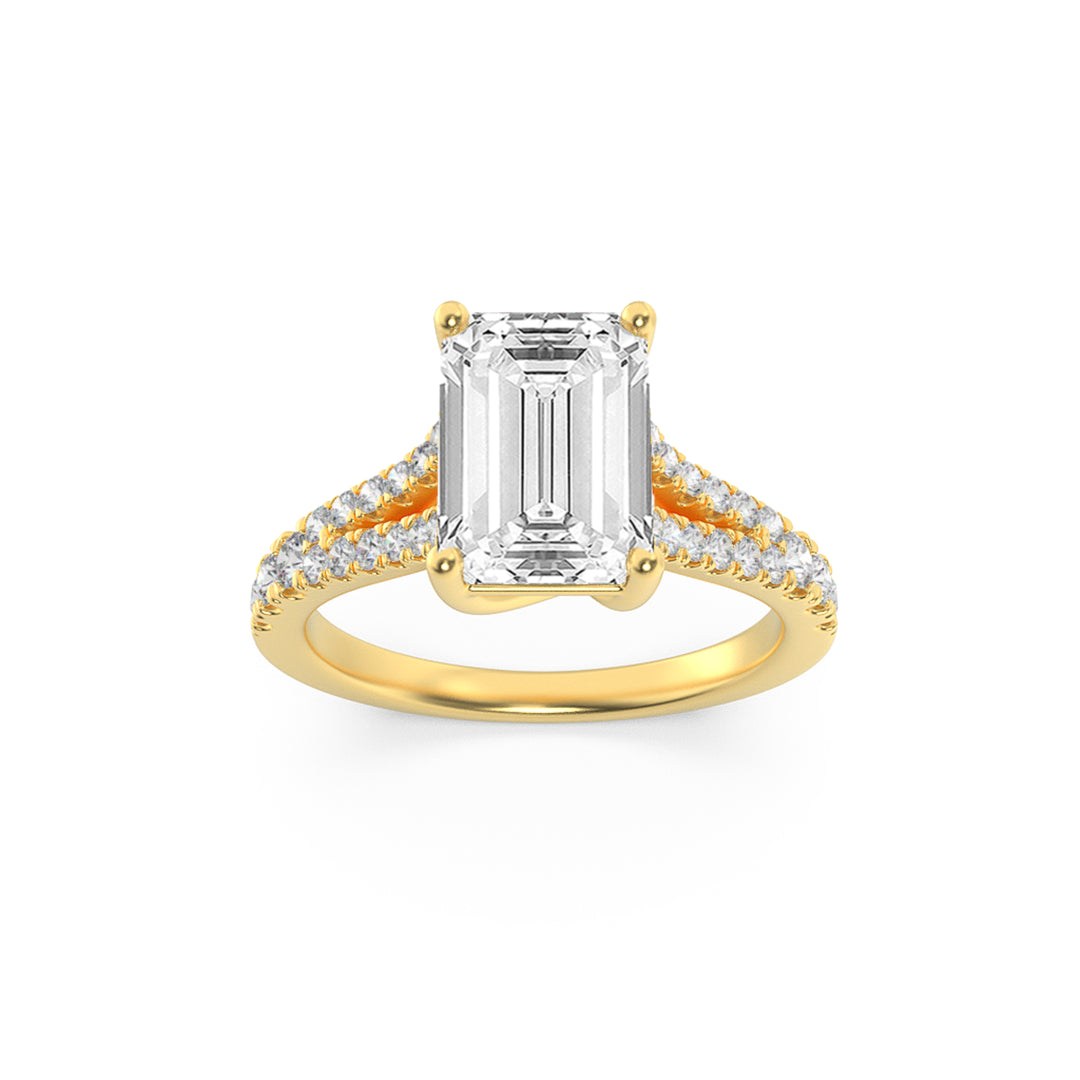 2Cttw Emerald Shaped Lab Grown Diamond (F/VS) Split Shank Trellis Engagement Ring in 14K Gold