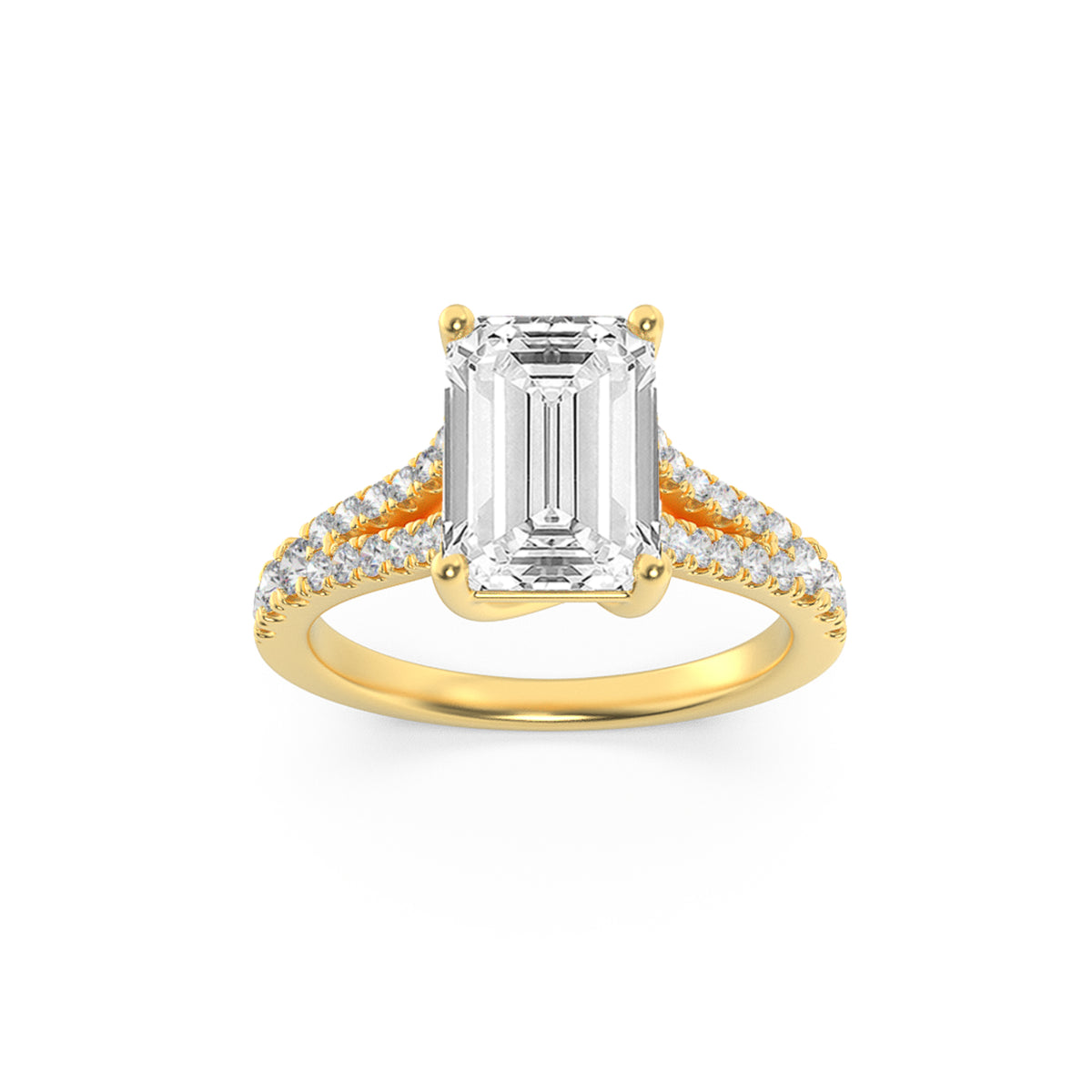 2Cttw Emerald Shaped Lab Grown Diamond (F/VS) Split Shank Trellis Engagement Ring in 14K Gold