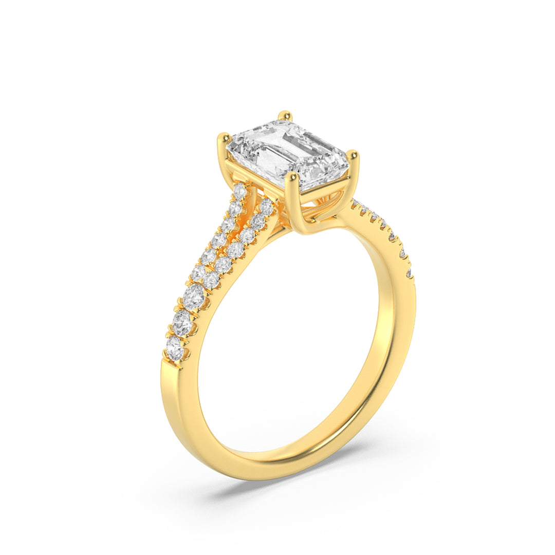 2Cttw Emerald Shaped Lab Grown Diamond (F/VS) Split Shank Trellis Engagement Ring in 14K Gold