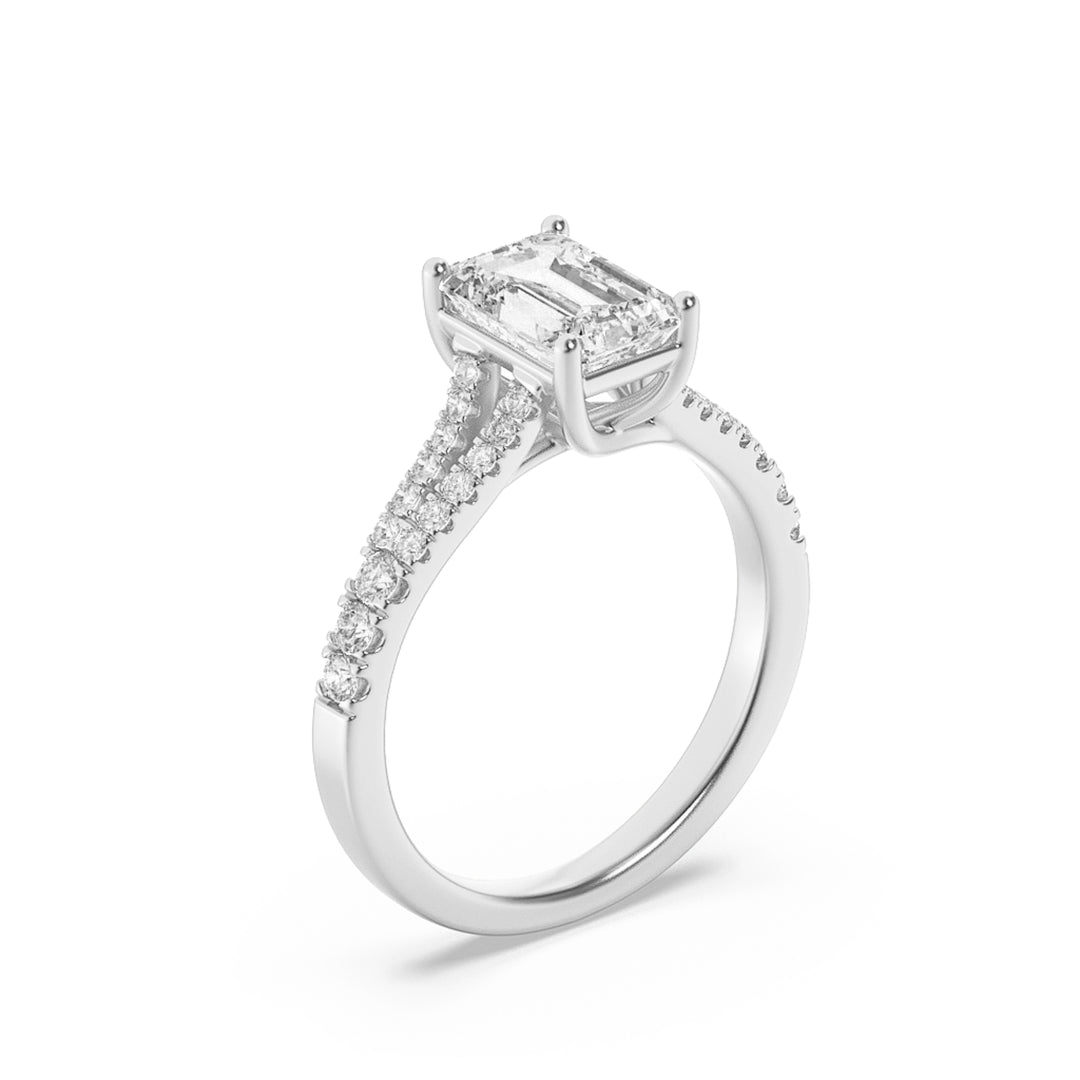 4Cttw Emerald Shaped Lab Grown Diamond (F/VS) Split Shank Trellis Engagement Ring in 14K Gold