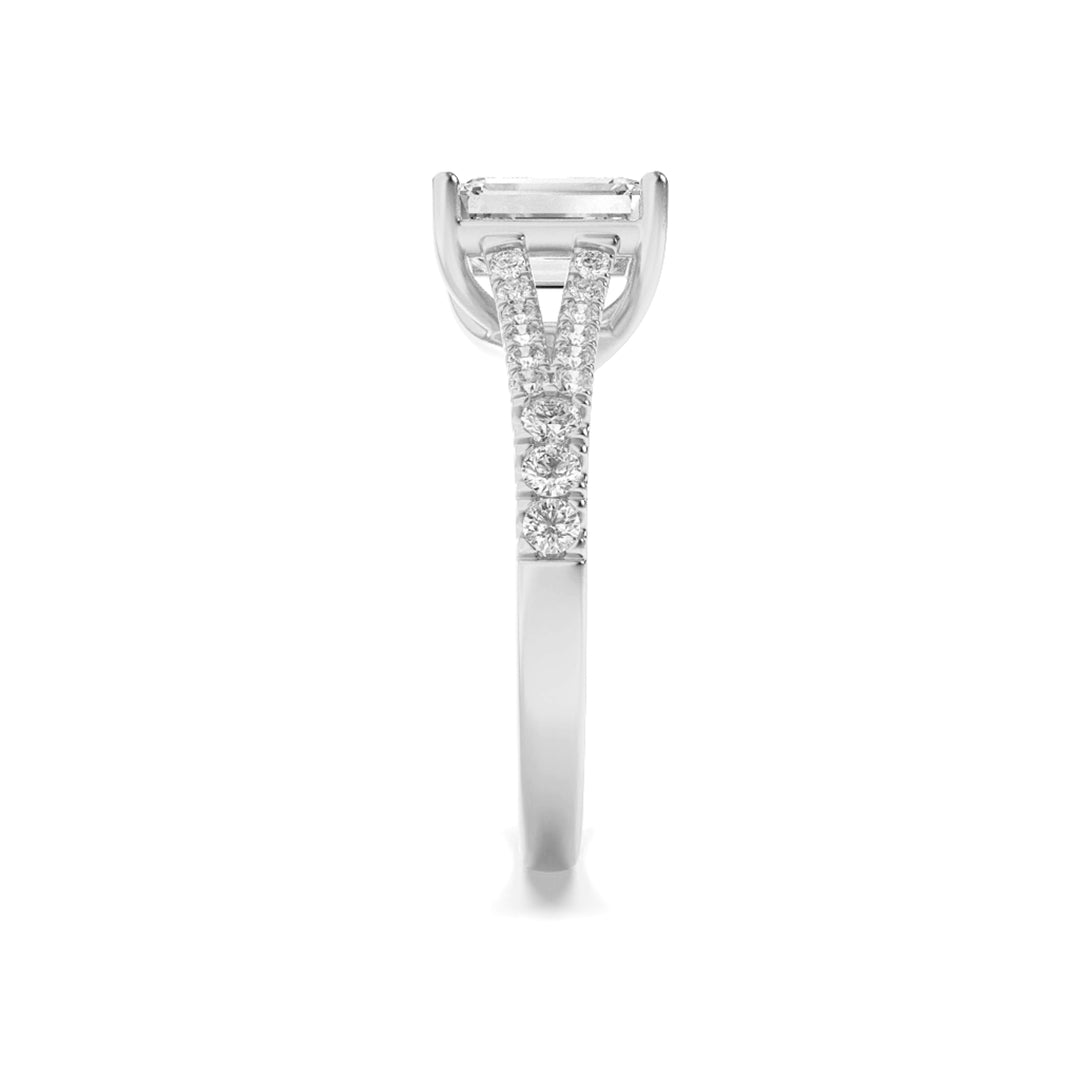 4Cttw Emerald Shaped Lab Grown Diamond (F/VS) Split Shank Trellis Engagement Ring in 14K Gold