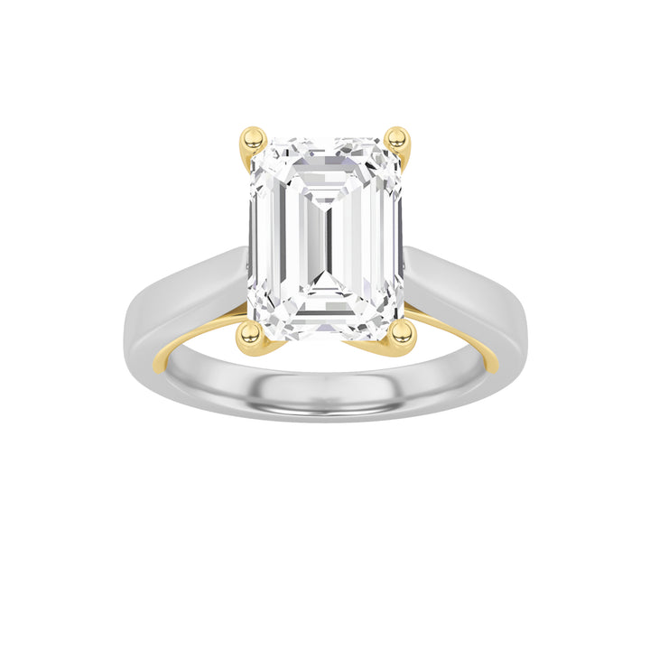 2Cttw Emerald Shaped Lab Grown Diamond (F/VS) TwoTone Twisted Basket Cathedral Shank Solitaire Ring in 14K Gold