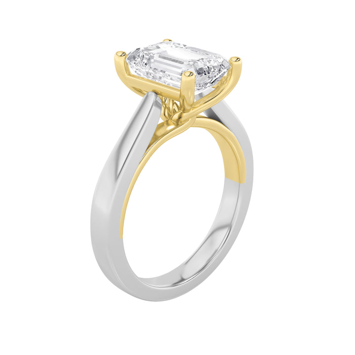 2Cttw Emerald Shaped Lab Grown Diamond (F/VS) TwoTone Twisted Basket Cathedral Shank Solitaire Ring in 14K Gold