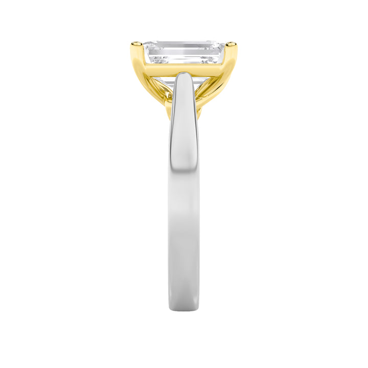 2Cttw Emerald Shaped Lab Grown Diamond (F/VS) TwoTone Twisted Basket Cathedral Shank Solitaire Ring in 14K Gold