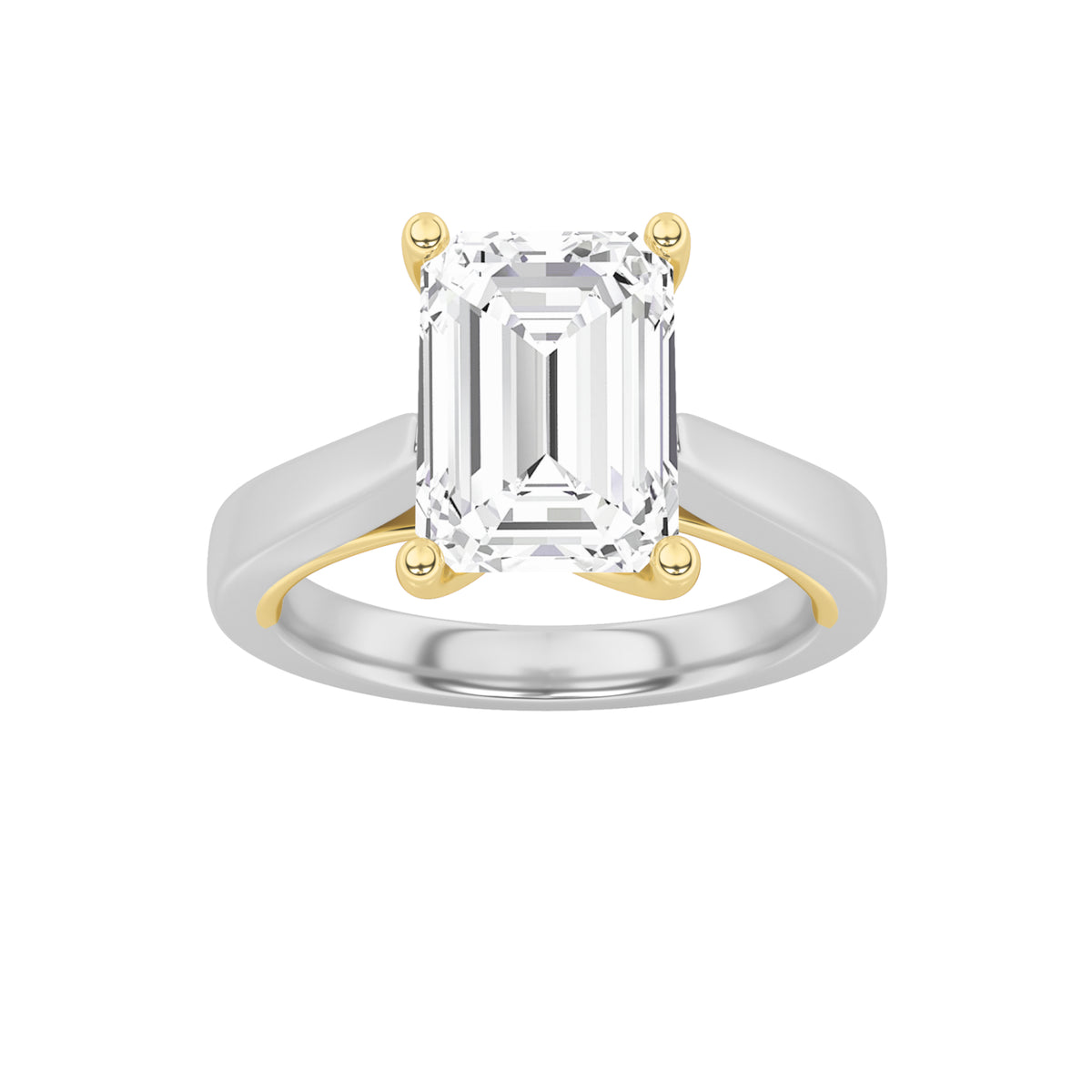 3Cttw Emerald Shaped Lab Grown Diamond (F/VS) TwoTone Twisted Basket Cathedral Shank Solitaire Ring in 14K Gold