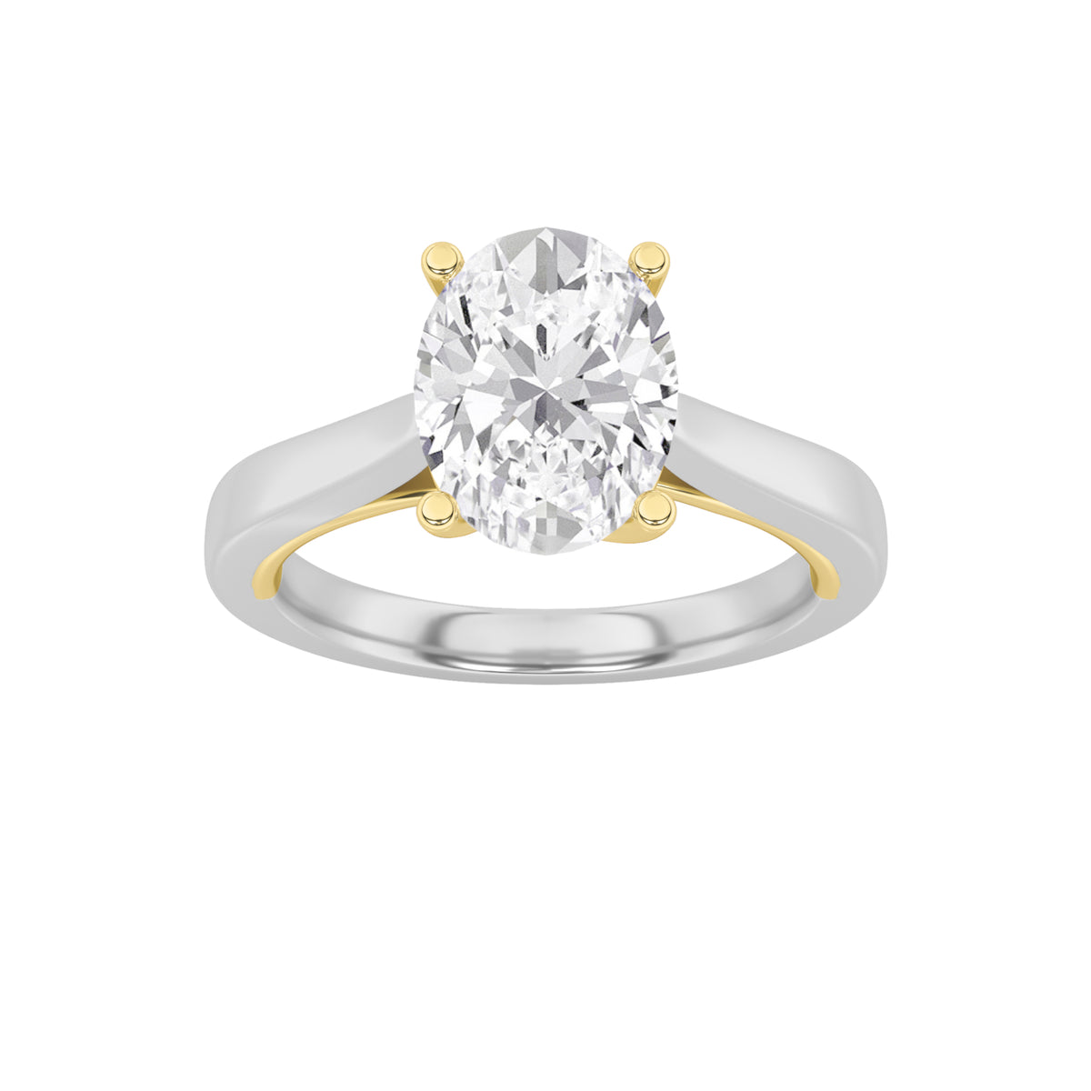 3CTW Oval Shaped Lab Grown Diamond (F/VS) Two Tone Twisted Basket Cathedral Shank Solitaire Ring in 14K Gold