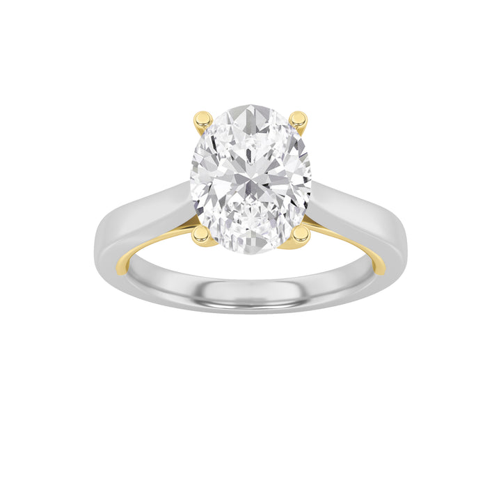 3CTW Oval Shaped Lab Grown Diamond (F/VS) Two Tone Twisted Basket Cathedral Shank Solitaire Ring in 14K Gold