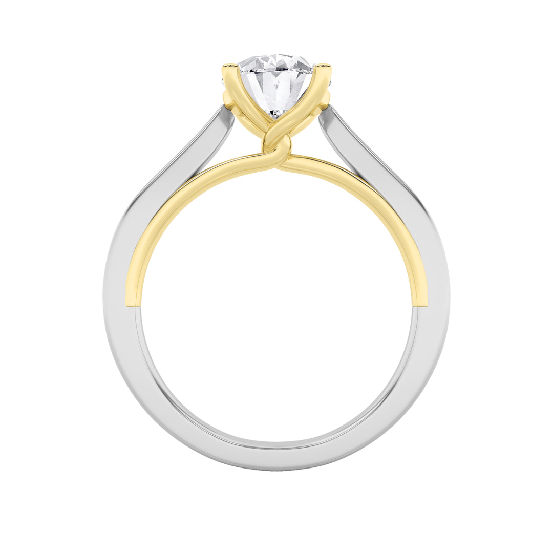 3CTW Oval Shaped Lab Grown Diamond (F/VS) Two Tone Twisted Basket Cathedral Shank Solitaire Ring in 14K Gold