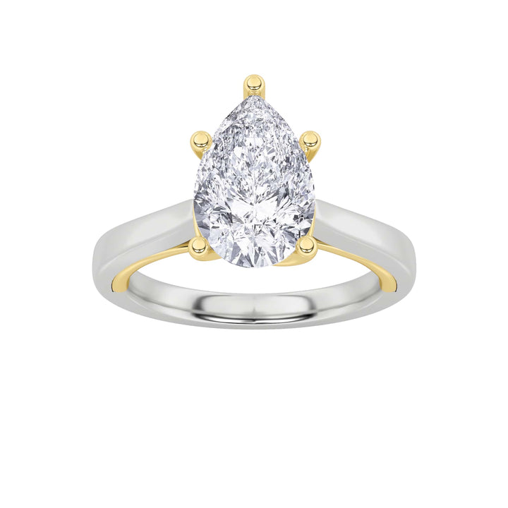 1Cttw Pear Shaped Lab Grown Diamond (F/VS) Two Tone Twisted Basket Cathedral Shank Solitaire Ring in 14K Gold