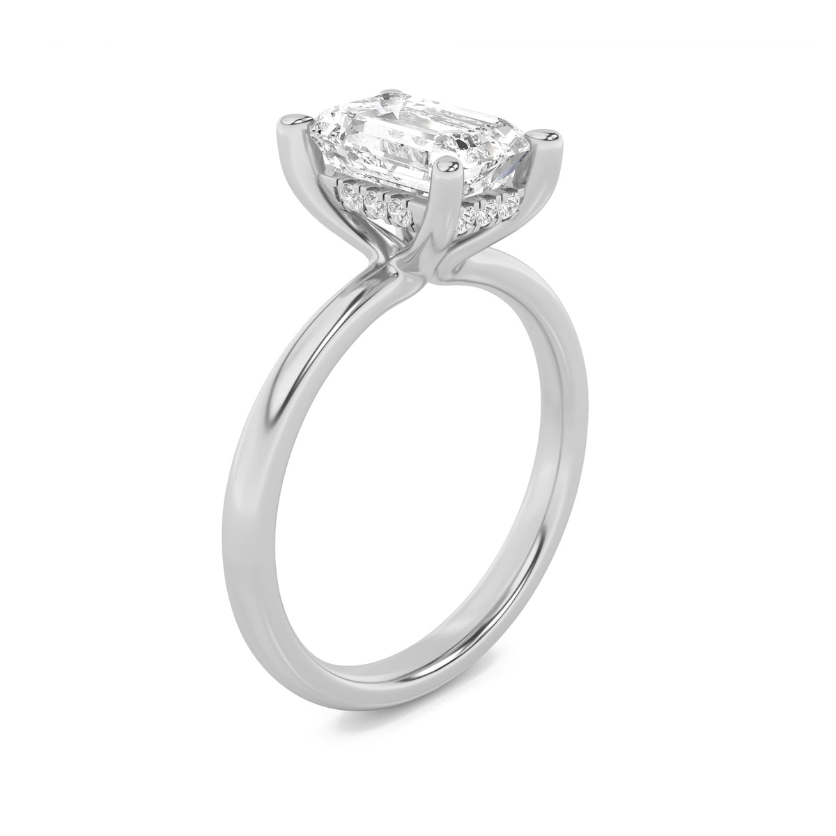 2Cttw Emerald Shaped Lab Grown Diamond (F/VS) Hidden Halo Petite Shank Ring in 14K Gold