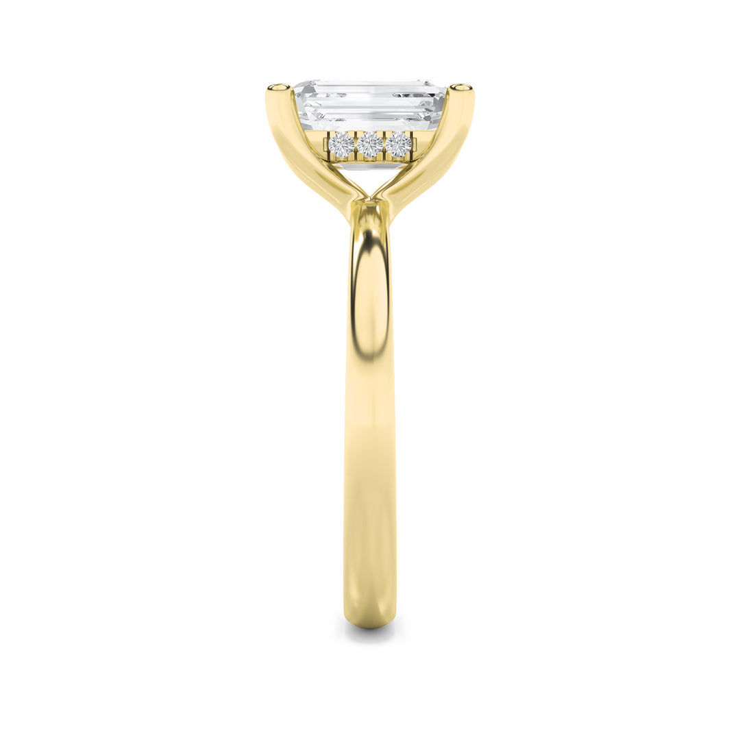 2Cttw Emerald Shaped Lab Grown Diamond (F/VS) Hidden Halo Petite Shank Ring in 14K Gold