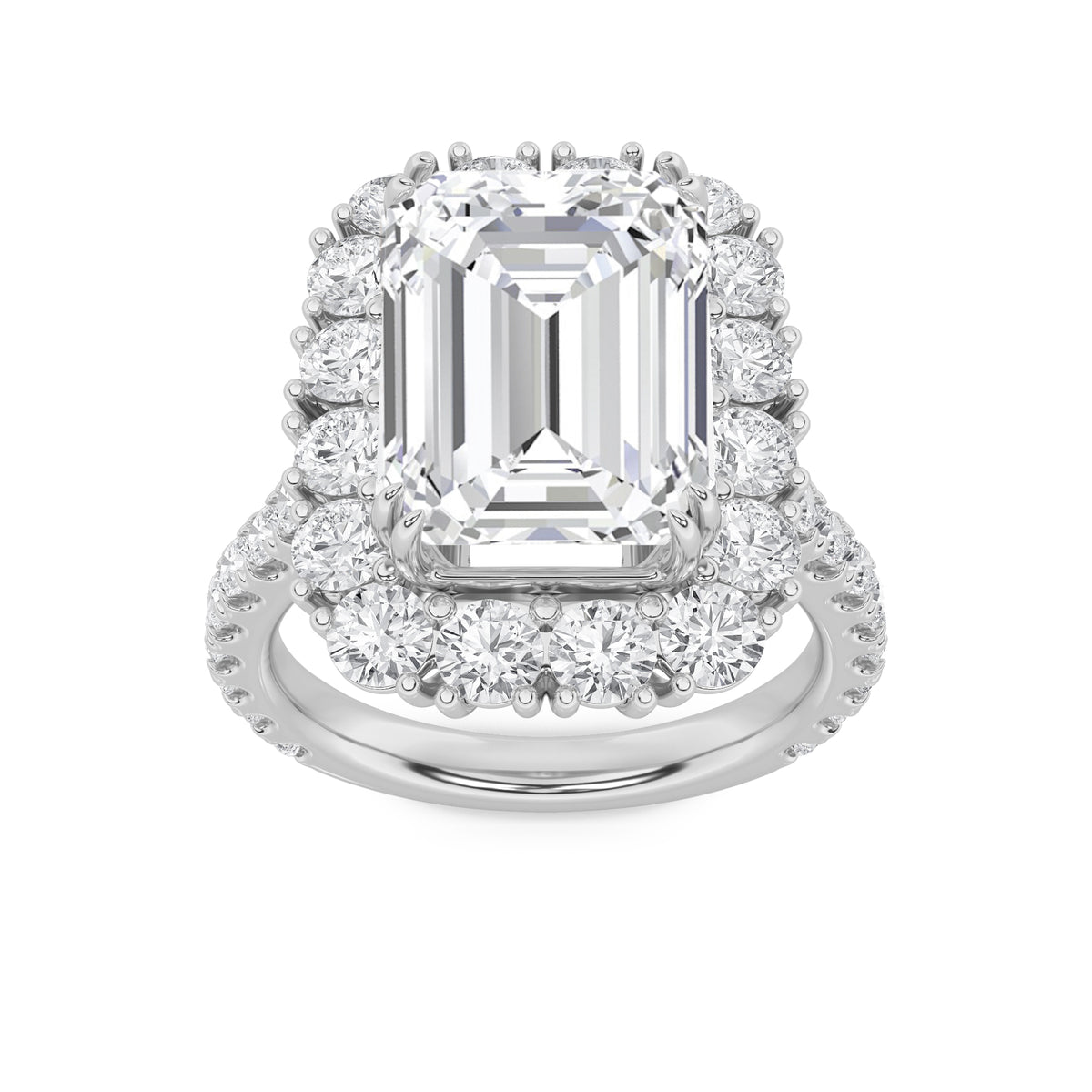 7.25Cttw Emerald Shaped Lab Grown Diamond (F/VS) Bold Statement Accented  Ring in 14K Gold