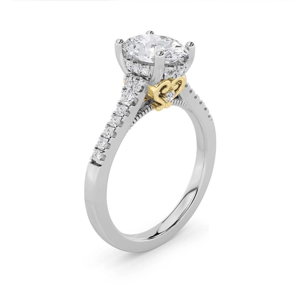 1.5Cttw Oval Shaped Lab Grown Diamond (F/VS) Accented Two Tone Engagement Ring in 14K Gold