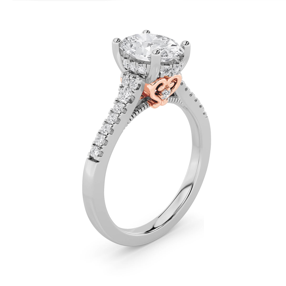 1.5Cttw Oval Shaped Lab Grown Diamond (F/VS) Accented Two Tone Engagement Ring in 14K Gold