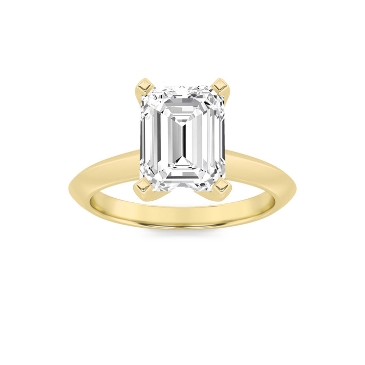 3CTW Emerald Shaped Lab Grown Diamond (F/VS) Knife Edge Shank Solitaire Engagement Ring in 14K Gold