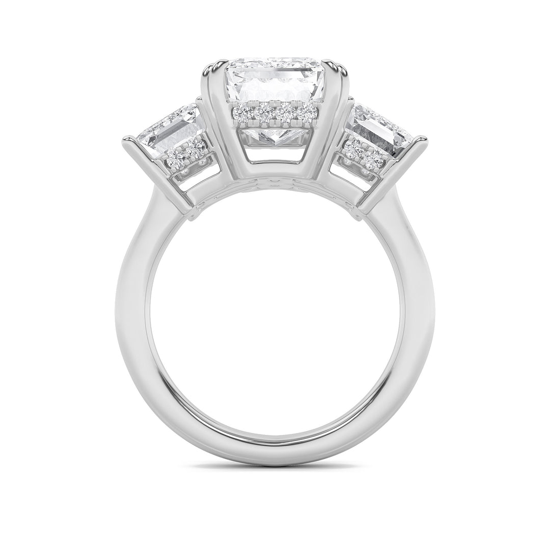 8.25Cttw Emerald Shaped Lab Grown Diamond (F/VS) Bold Three Stone Accented Ring in 14K Gold