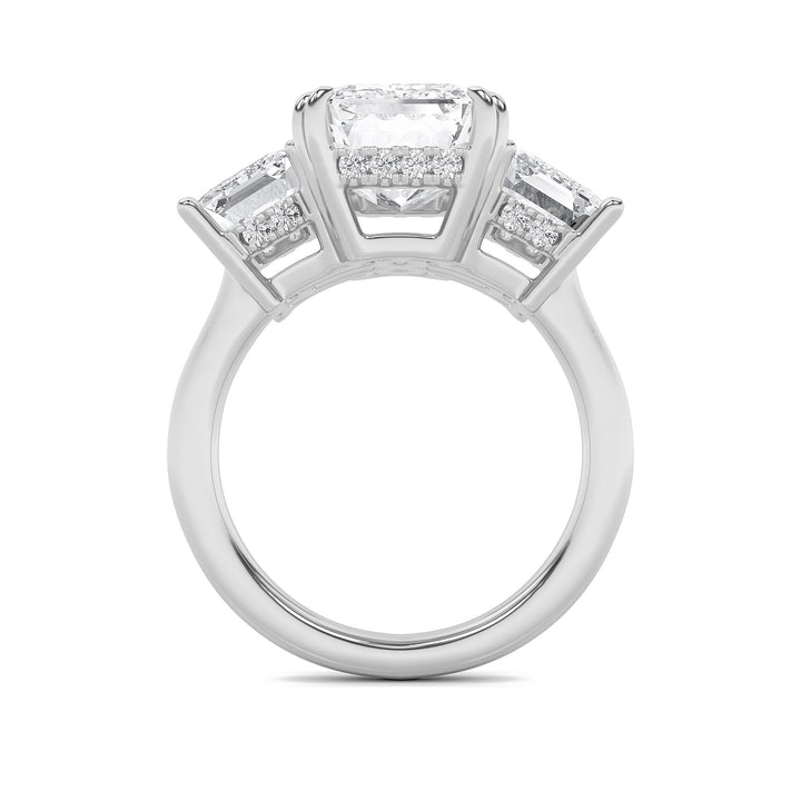 8.25Cttw Emerald Shaped Lab Grown Diamond (F/VS) Bold Three Stone Accented Ring in 14K Gold