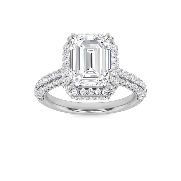 3Cttw Emerald Shaped Lab Grown Diamond (F/VS) Halo Accented Engagement Ring in 14K Gold