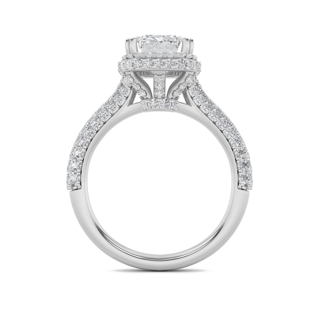 3Cttw Emerald Shaped Lab Grown Diamond (F/VS) Halo Accented Engagement Ring in 14K Gold