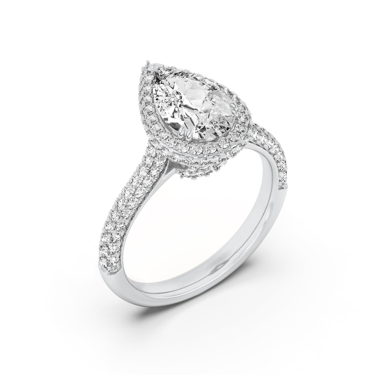 3Cttw Pear Shaped Lab Grown Diamond (F/VS) Halo Accented Engagement Ring in 14K Gold