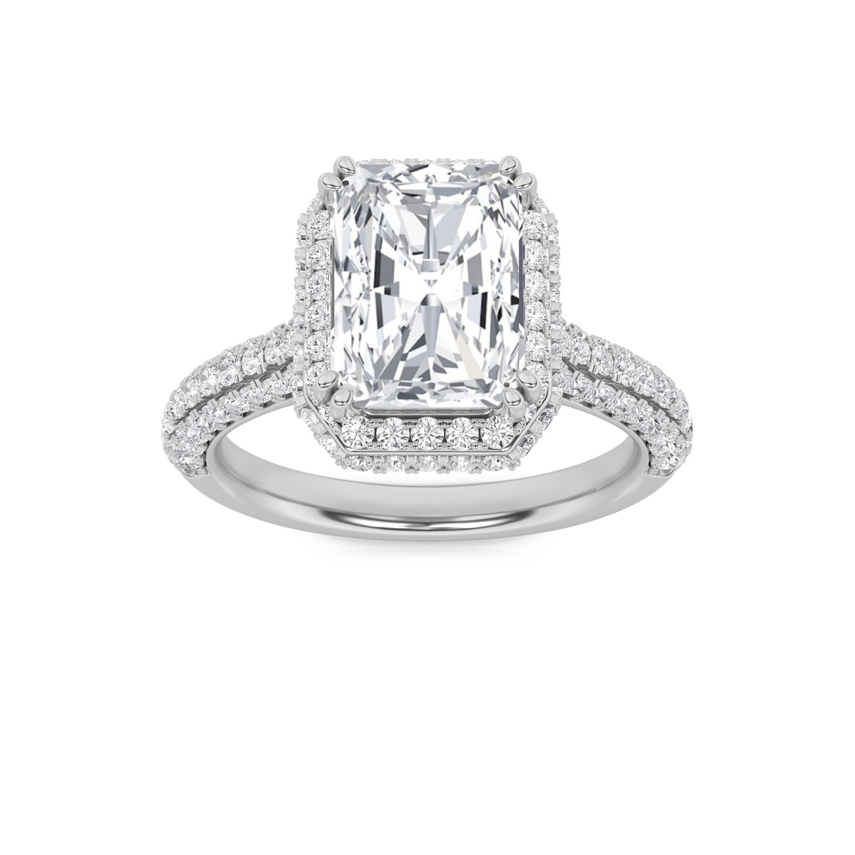 3Cttw Radiant Shaped Lab Grown Diamond (F/VS) Halo Accented Engagement Ring in 14K Gold