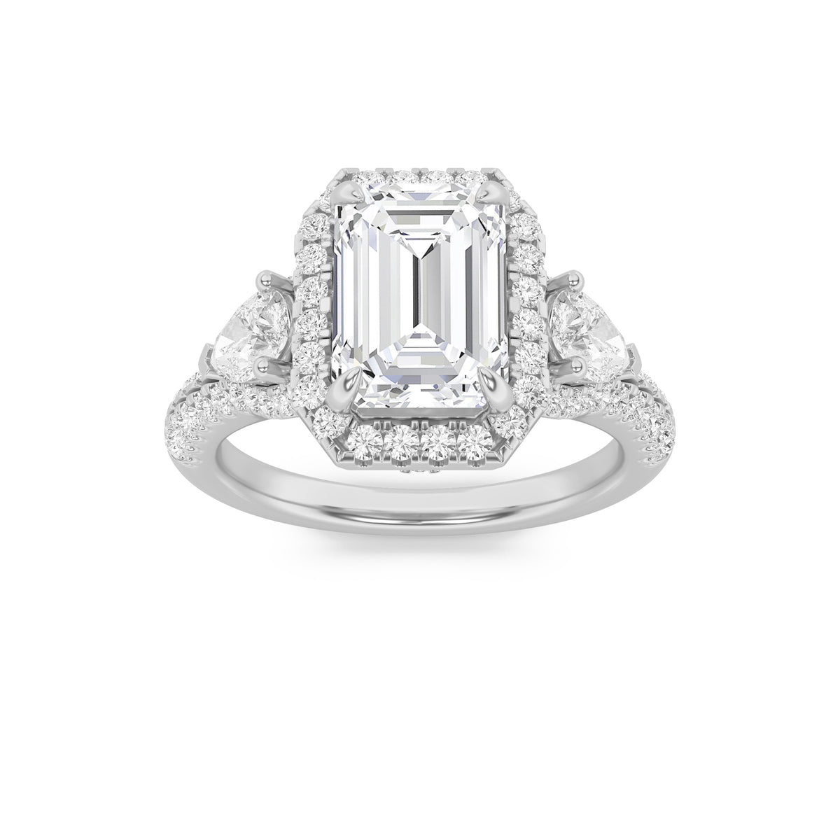 3Cttw Emerald Shaped Lab Grown Diamond (F/VS) Three Stone Bold Accented Engagement Ring in 14K Gold